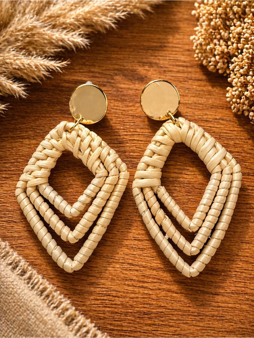 Handmade Cream Woven Geometric Drop Earrings